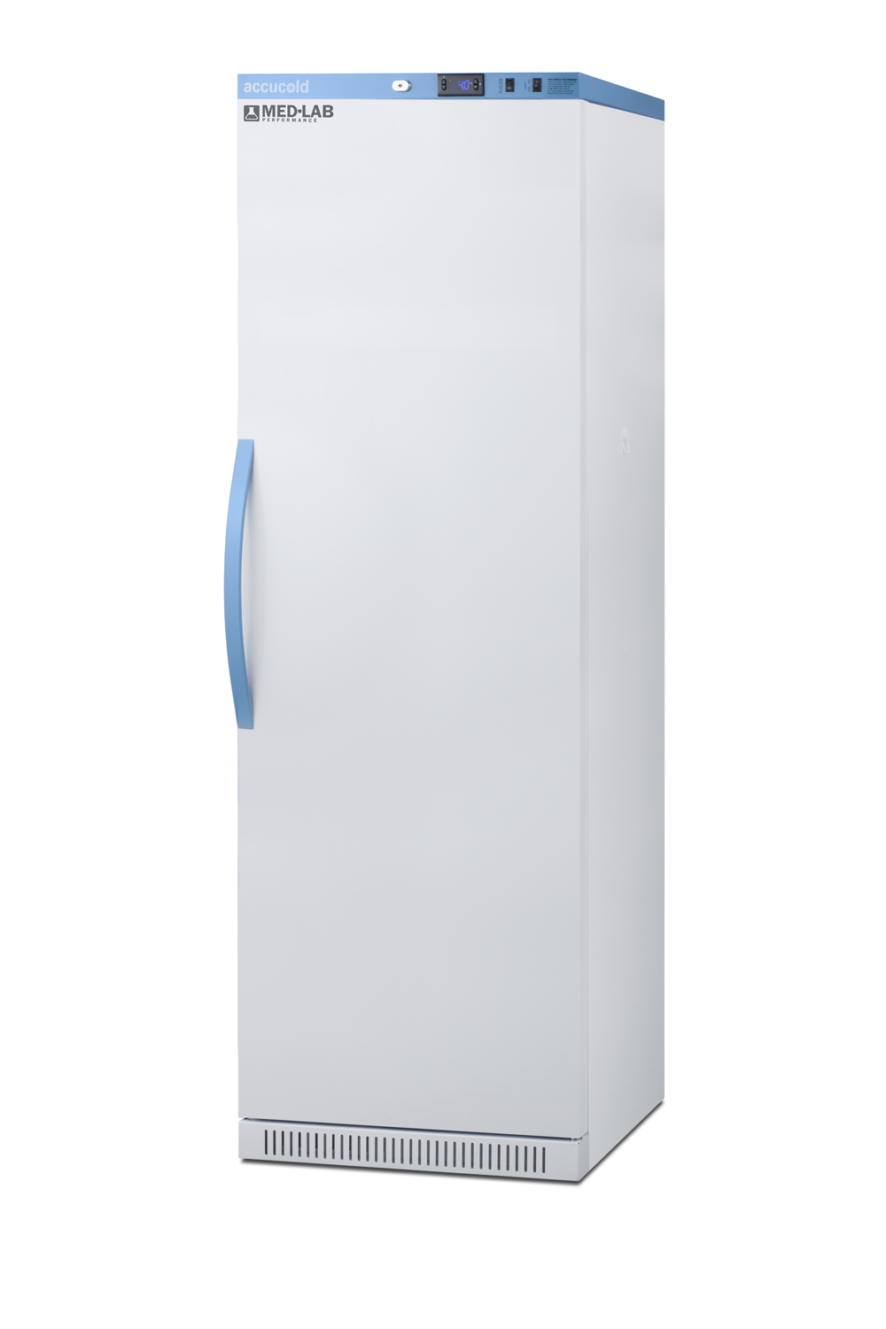 Performance series Med-Lab 15 cu.ft. upright all-refrigerator with 8 interior locking compartments, antimicrobial silver-ion handle, and hospital grade cord with 'green dot' cord